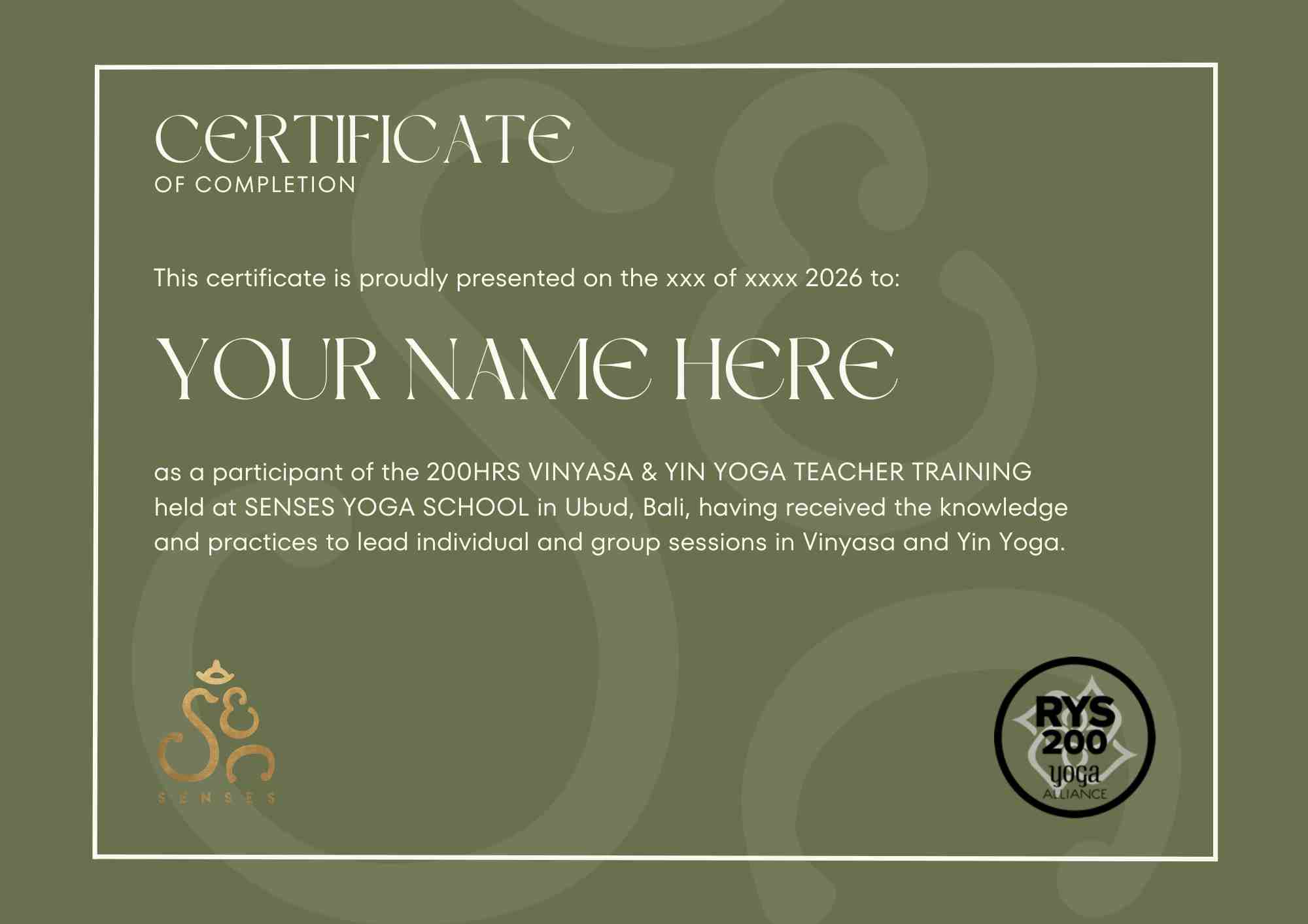 certification of yoga teacher at senses bali